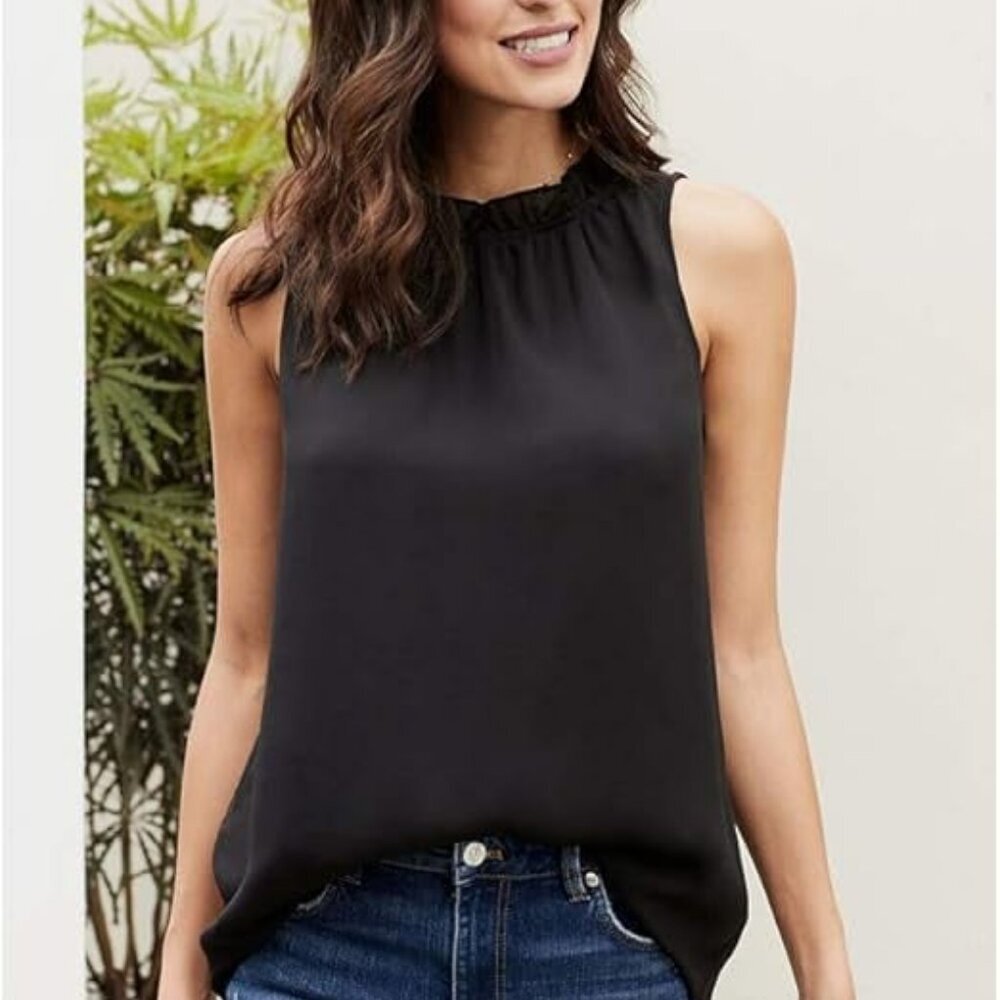 ANN TAYLOR Layered Silk Chiffon Sleeveless Tunic Blouse Ruffle Neck Black L